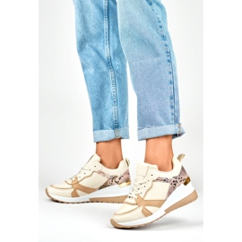 Scarpe stringate da donna beige con zeppa bassa 2