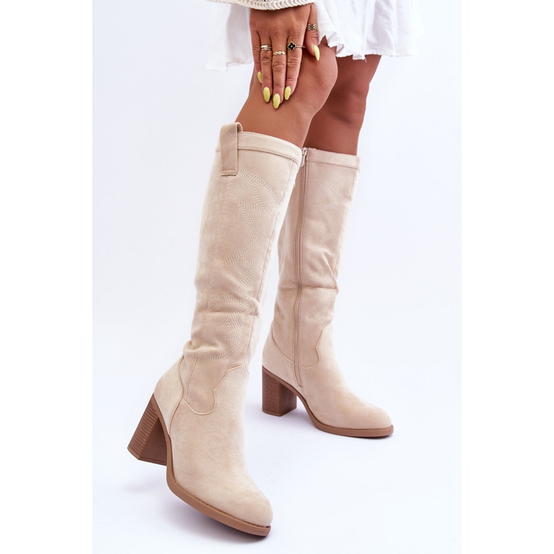 Stivali con tacco alto in pelle scamosciata da donna Khabira beige chiaro 2