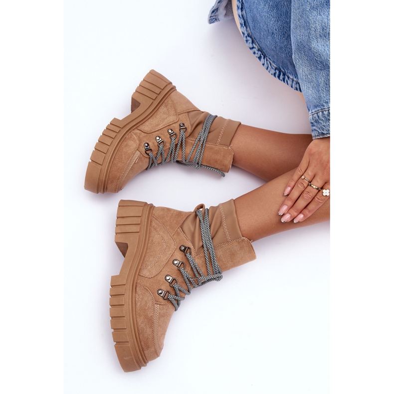 FB3 Stivali stringati in pelle scamosciata da donna Ghianda beige scuro 1