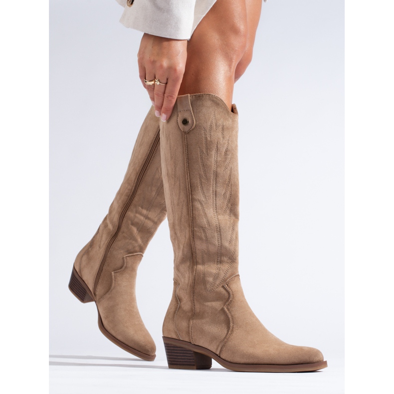 Stivali da cowboy Shelovet in pelle scamosciata beige 1