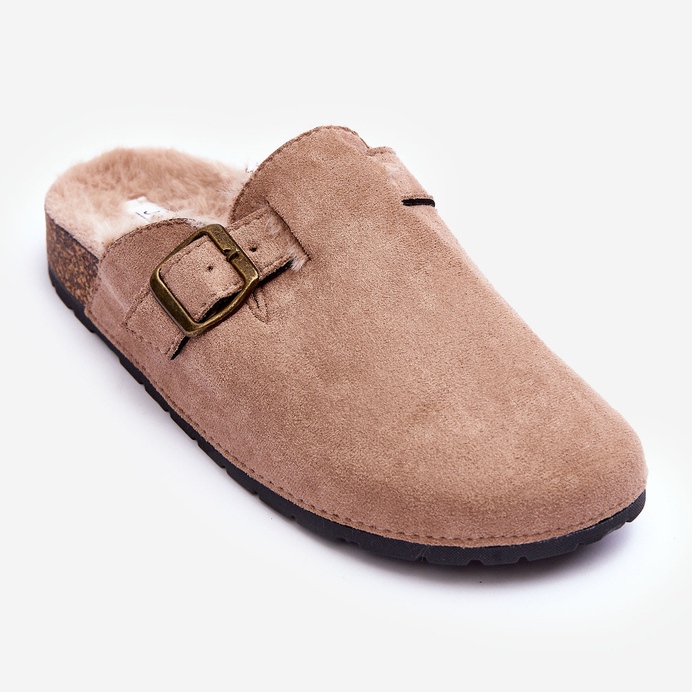 Infradito da donna beige in pelle scamosciata con pelliccia Haidamia 1