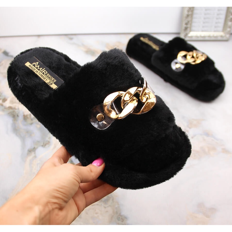 Pantofole da donna in peluche con catena, nere T.Sokolski KAP-158 nero 1