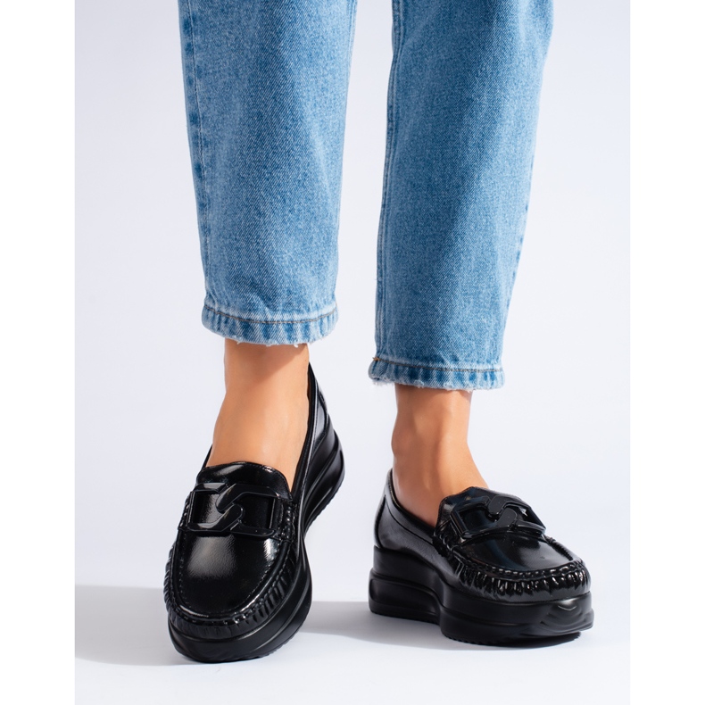 Mocassini da donna in vernice nera con fibbia Shelovet nero 1