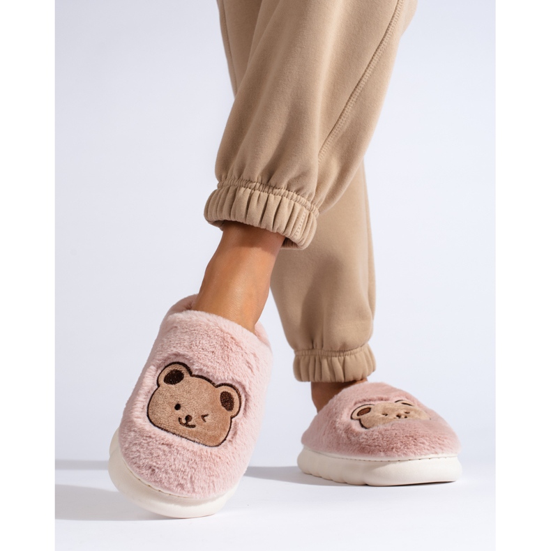 Pantofole in pelliccia con orsetto, rosa cipria, Shelovet 1