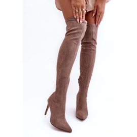 Stivali sopra il ginocchio in pelle scamosciata beige con tacco alto 1
