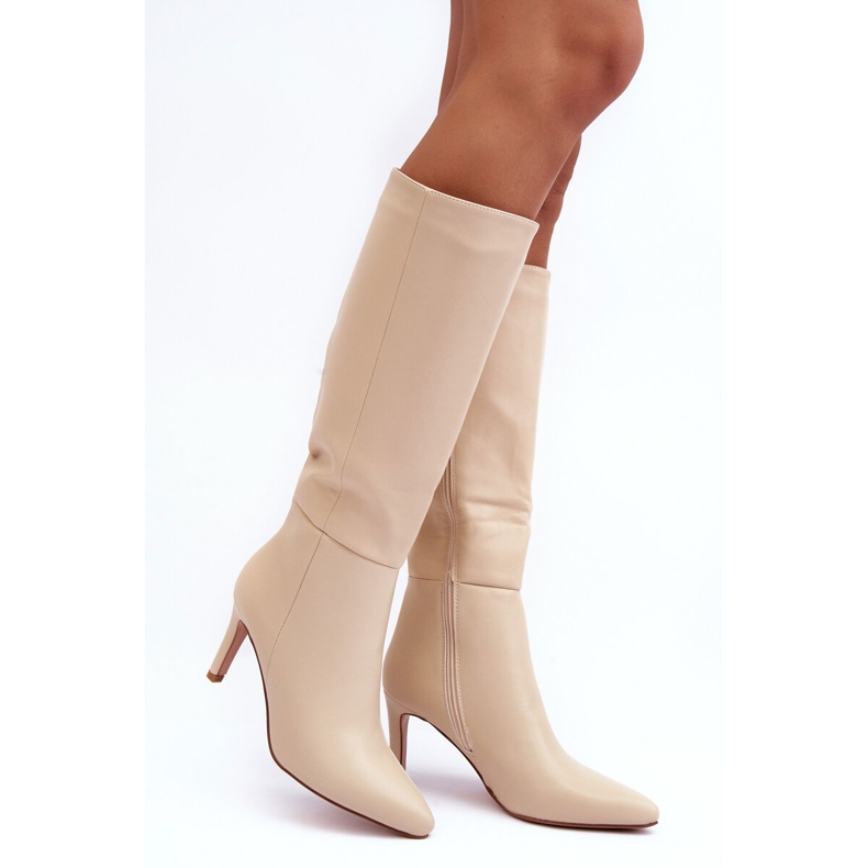 Stivali con tacco alto in pelle serpenti beige 1
