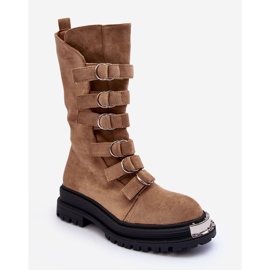 Stivaletti Worker Alti In Pelle Scamosciata Con Cinturini Beige Elnatea 1