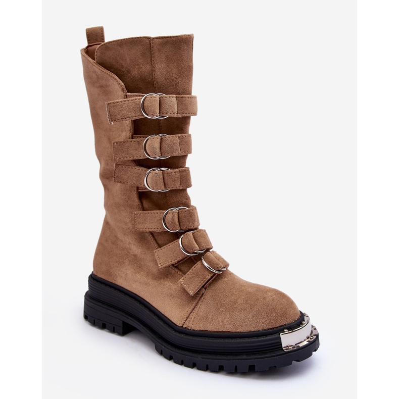 Stivaletti Worker Alti In Pelle Scamosciata Con Cinturini Beige Elnatea 1