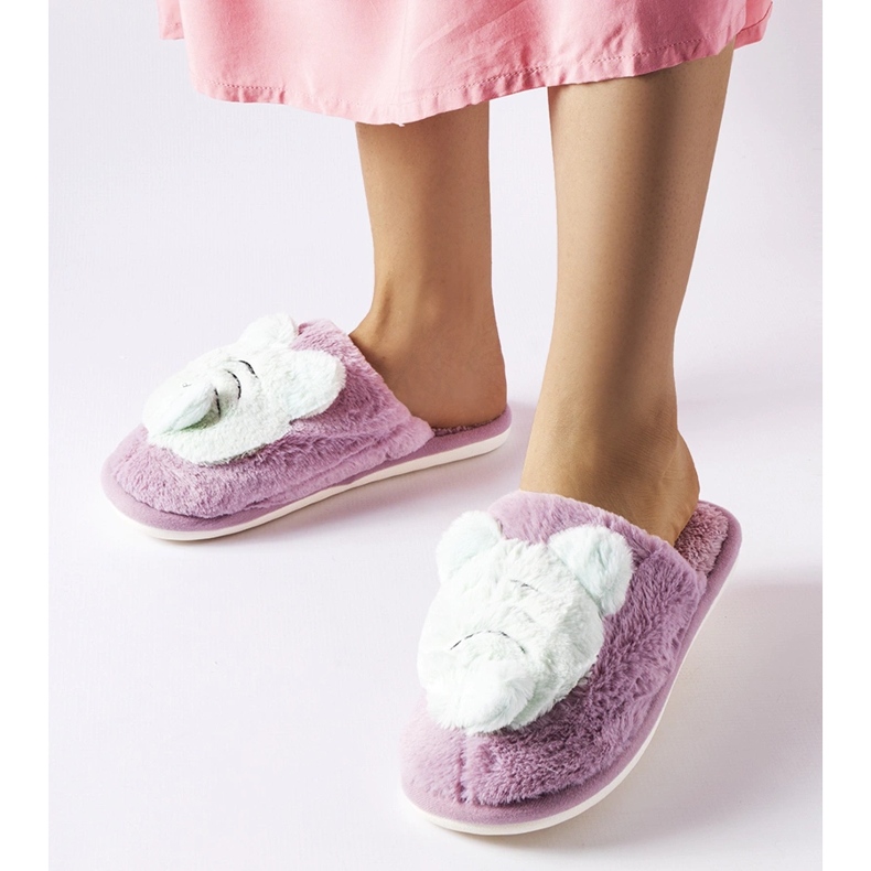 Morbide pantofole Bee viola e verdi 1