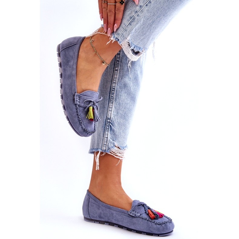 Mocassini in camoscio blu con fiocco e frange 1