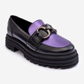Laura Messi Mocassini in pelle da donna con tacco piatto Elkiza neri e viola nero 2