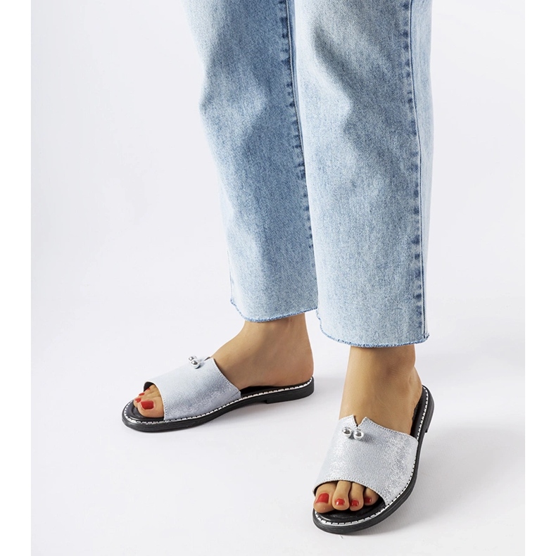 Infradito blu metallizzato con perle Frederi argento 1