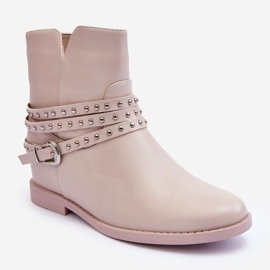 Stivali piatti da donna in pelle decorata beige di Adkrana 2