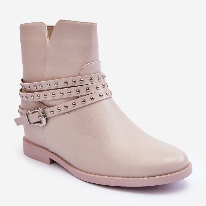 Stivali piatti da donna in pelle decorata beige di Adkrana 2