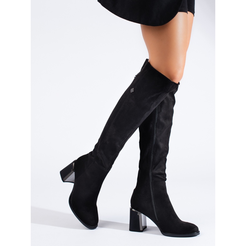 Stivali classici Shelovet in pelle scamosciata con tacco alto nero 1