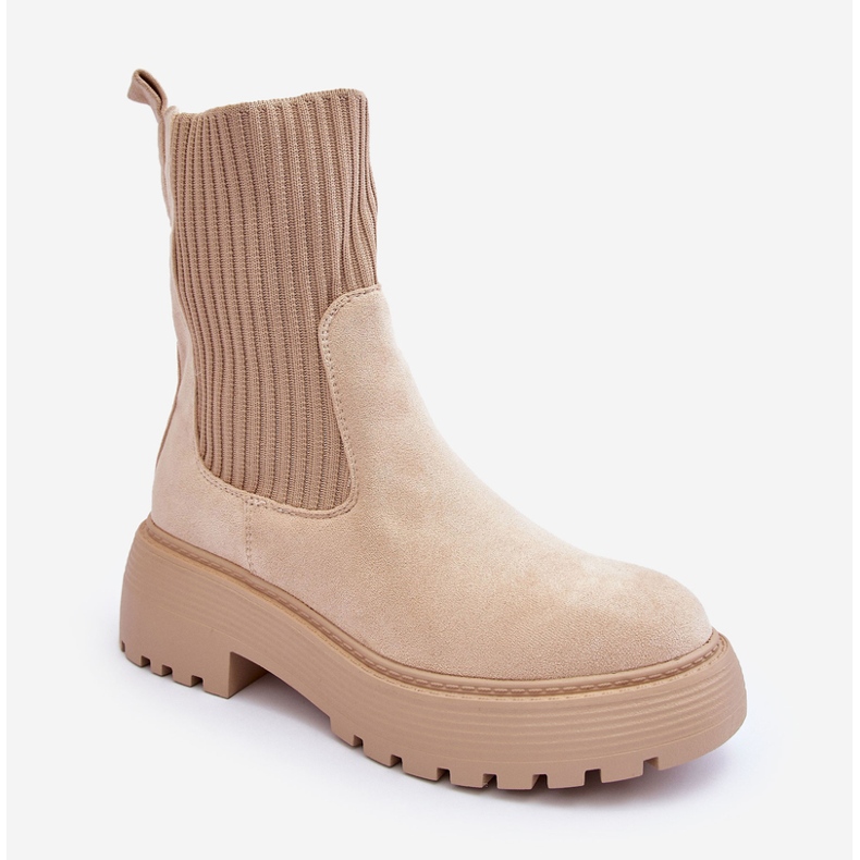PS1 Stivaletti In Pelle Scamosciata Con Calzino Su Plateau E Tacco Piatto, Rewam Beige 1