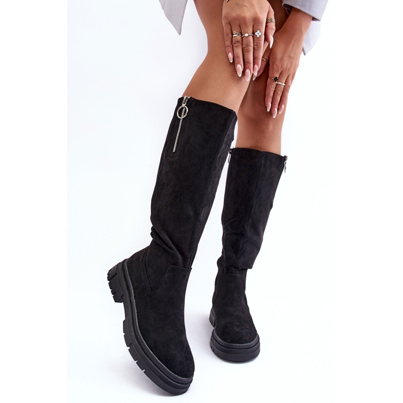 Vinceza Stivali di camoscio con tacco flat e plateau, Nero Nesina 2
