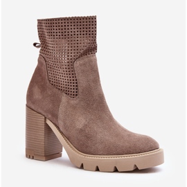 Lewski Shoes Stivali da donna in pelle scamosciata traforata con tacco alto, Beige Lewski 3386 1