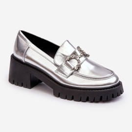 Scarpe da donna in pelle con tacco grosso, Lemmitty argento d'argento 1