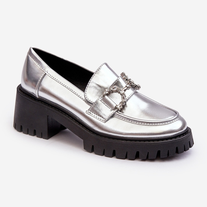 Scarpe da donna in pelle con tacco grosso, Lemmitty argento 1
