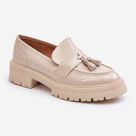 Scarpe Mocassino In Vernice Con Frange, Velenase Beige Chiaro 1