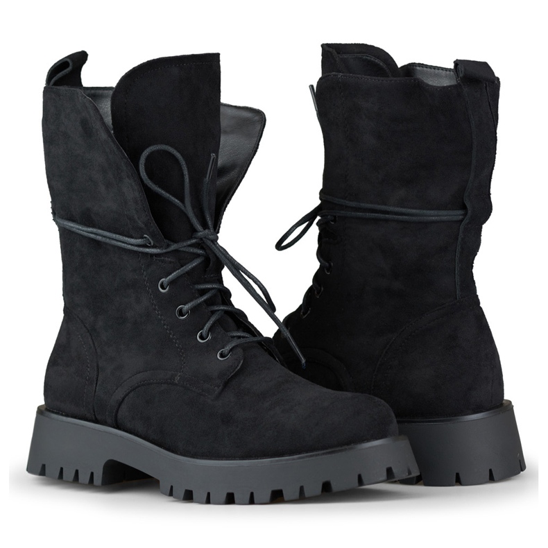 Stivali da lavoro da donna stringati in pelle scamosciata nera beige 1