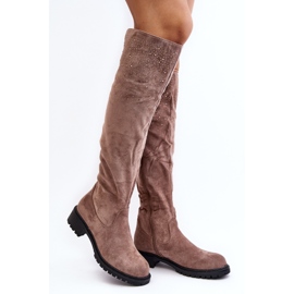 Stivali piatti sopra il ginocchio da donna decorati Cintya beige 1