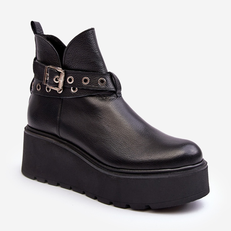 Stivali da donna in pelle su zeppa con plateau e cinturini Zazoo 1752 neri nero 1
