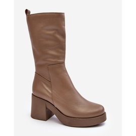 Stivali da donna in pelle Lemar Odennia beige scuro con tacco grosso 2