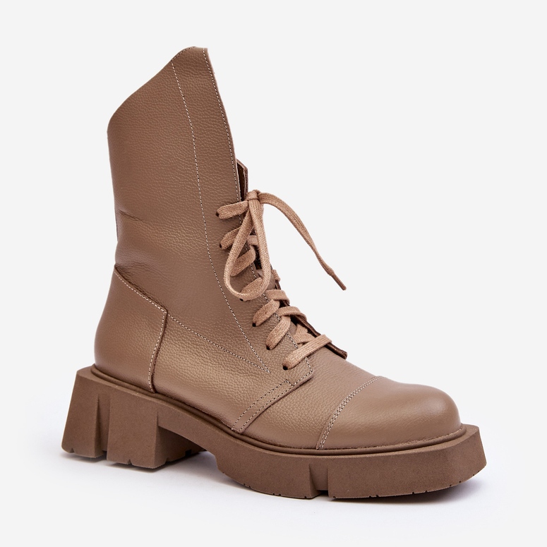 Stivaletti da lavoro in pelle da donna su un tacco piatto massiccio Zazoo 976A Beige scuro 2