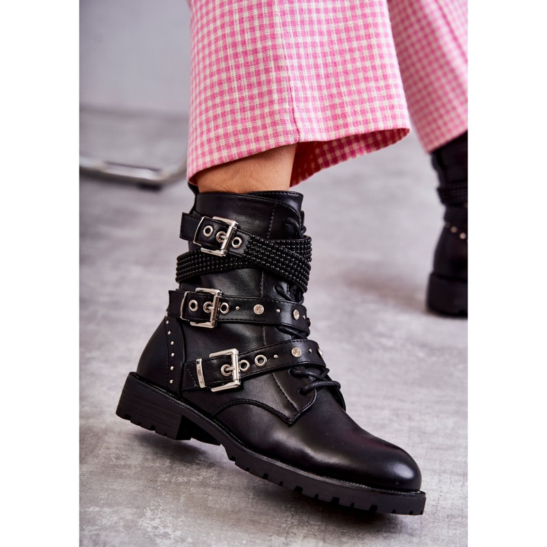Stivaletti Da Donna In Pelle Con Cinturini Decorativi Nero 4