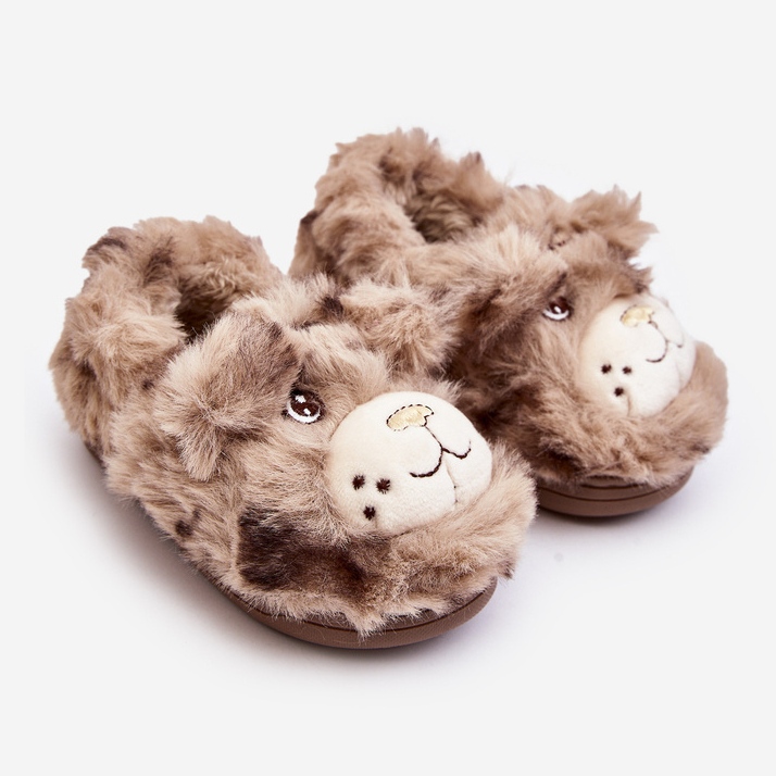 Pantofole per bambini in pelliccia con orsacchiotto, Apolanie beige scuro 1