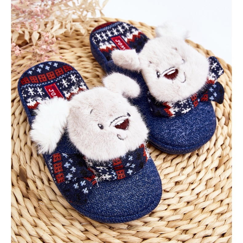 Pantofole per bambini con suola spessa con orsetto di peluche, Dasca blu navy 2