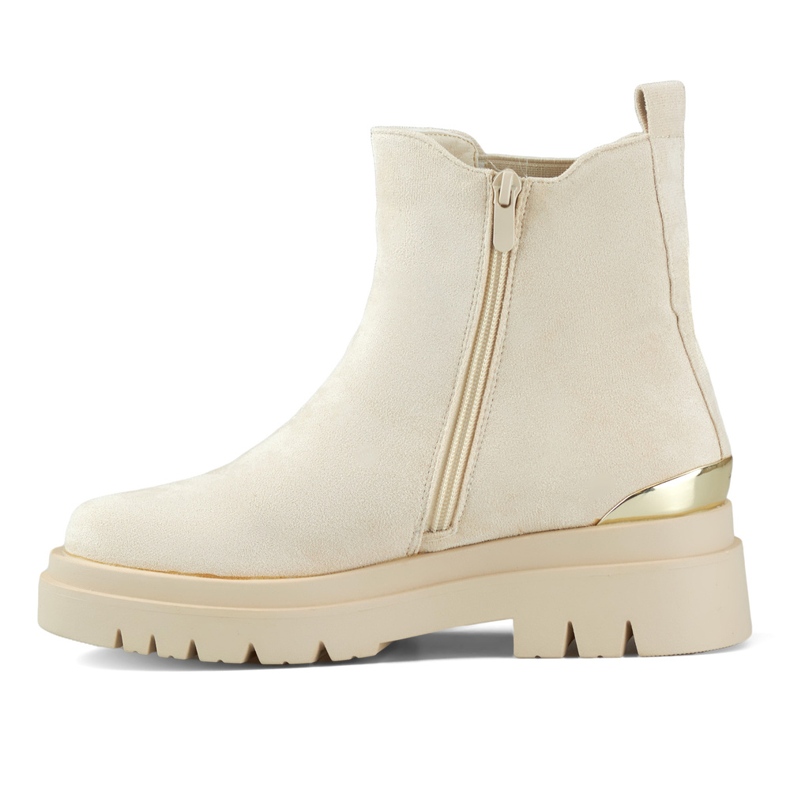 Stivaletti Chelsea da donna in pelle scamosciata con decorazione oro beige 1
