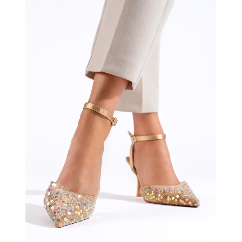 Sandali da donna su spilla con paillettes Shelovet dorate d'oro 1