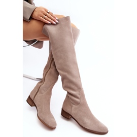 Stivali sopra il ginocchio in pelle scamosciata da donna con tacco piatto, Hewanella beige 1