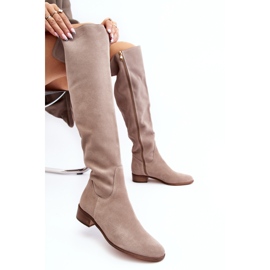 Stivali sopra il ginocchio in pelle scamosciata da donna con tacco piatto, Hewanella beige 2