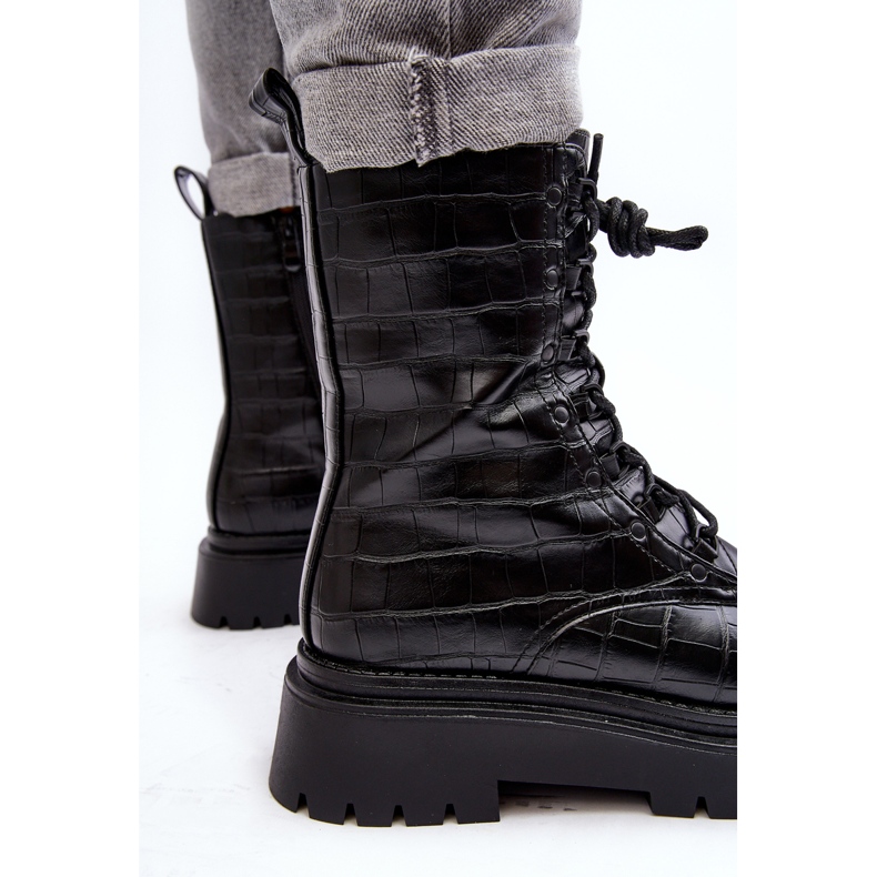 Stivali Worker Da Donna Con Goffratura Decorativa Tarolia Nera nero 1