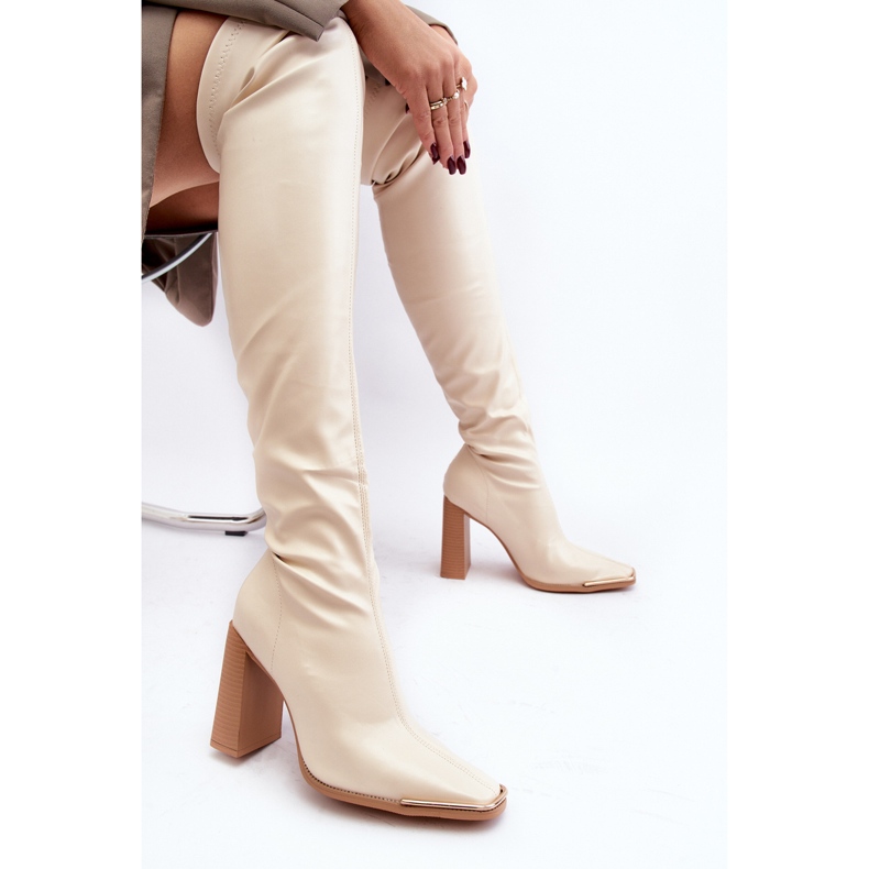 Stivali Sopra il Ginocchio da Donna con Tacco Alto, Ecopelle Orcella Beige 2