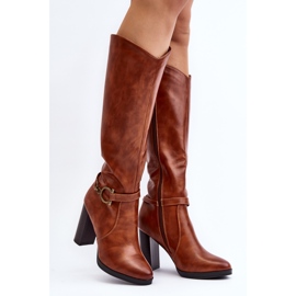 Stivali con tacco alto da donna con decorazione sopra il ginocchio Camel Rahallis marrone 1