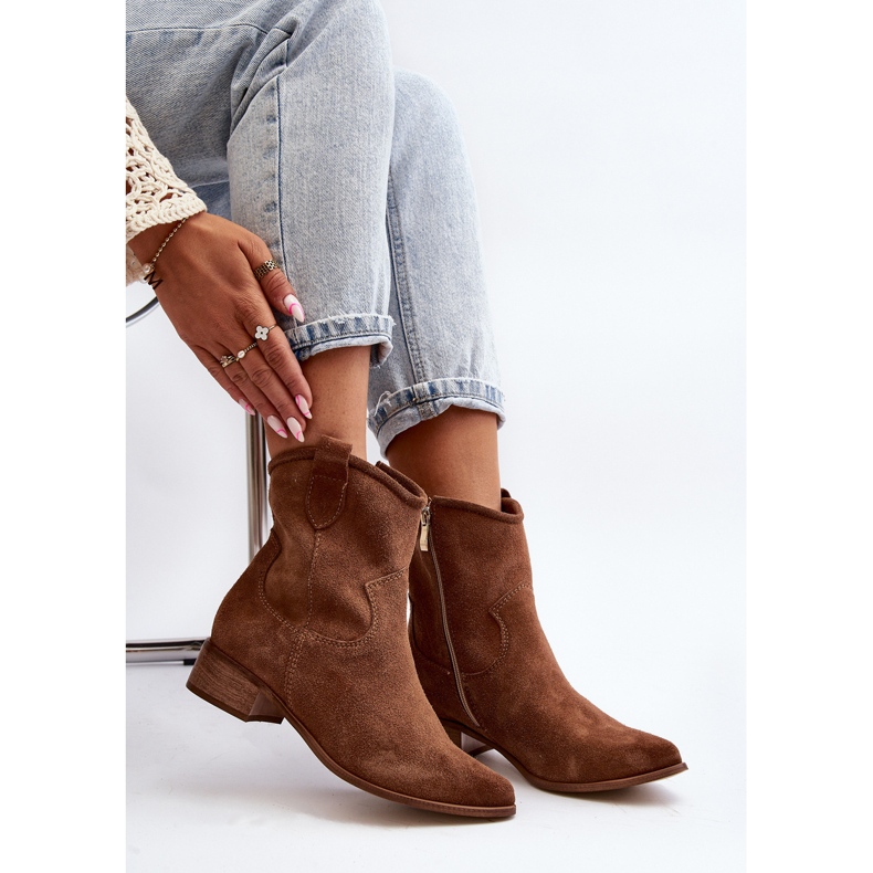 Zazoo 3329 Stivali da cowboy in pelle scamosciata marrone con tacco basso 1