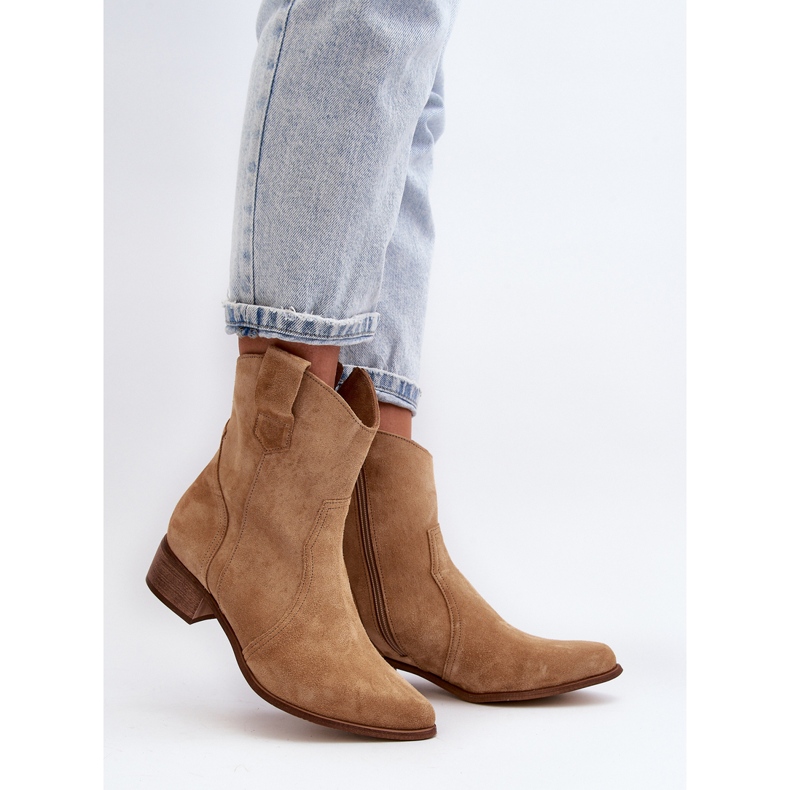 Zazoo 3305/2/G Stivali texani da donna in pelle scamosciata con tacco basso Beige 2
