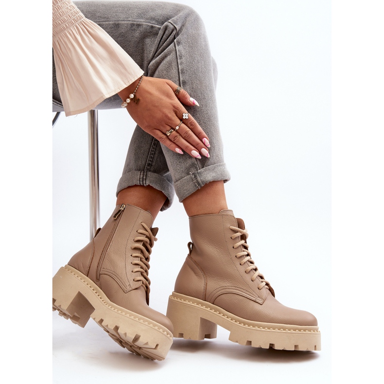Zazoo 3413 Stivaletti da lavoro in pelle da donna con tacco alto massiccio, Beige 1