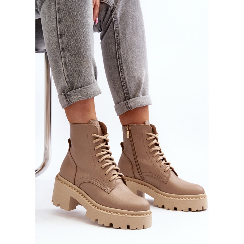 Zazoo 3413 Stivaletti da lavoro in pelle da donna con tacco alto massiccio, Beige 2