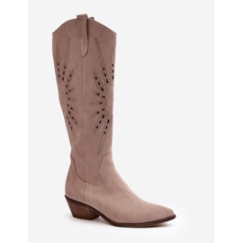 Zazoo 2909 Stivali traforati in pelle scamosciata con tacco basso, Beige 1