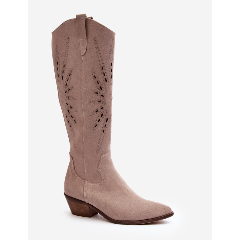 Zazoo 2909 Stivali traforati in pelle scamosciata con tacco basso, Beige 1