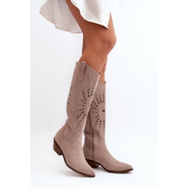 Zazoo 2909 Stivali traforati in pelle scamosciata con tacco basso, Beige 2