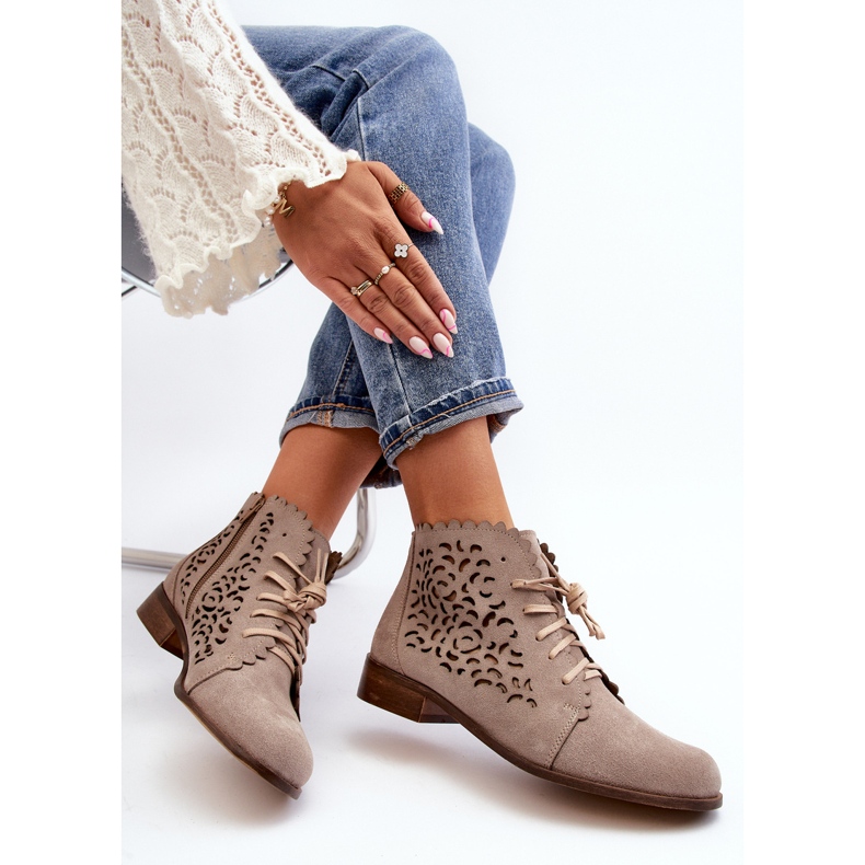 Zazoo 2871 Stivaletti stringati traforati da donna, Beige 1