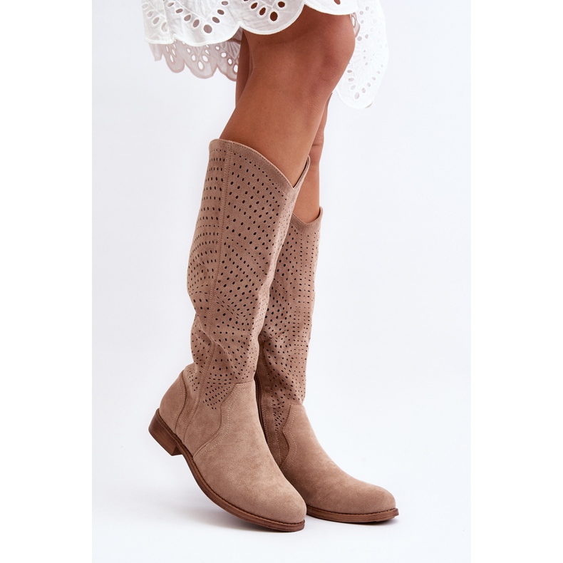 S.barski HY66-150 Stivali traforati su tacchi piatti Beige 2