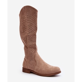 S.barski HY66-150 Stivali traforati su tacchi piatti Beige 1
